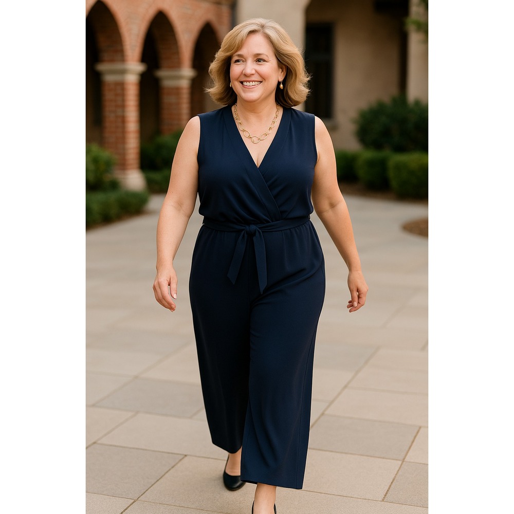 Chico's 4 (20/22) Blue Jersey Jumpsuit Belted Surplice Cropped Closet Staple